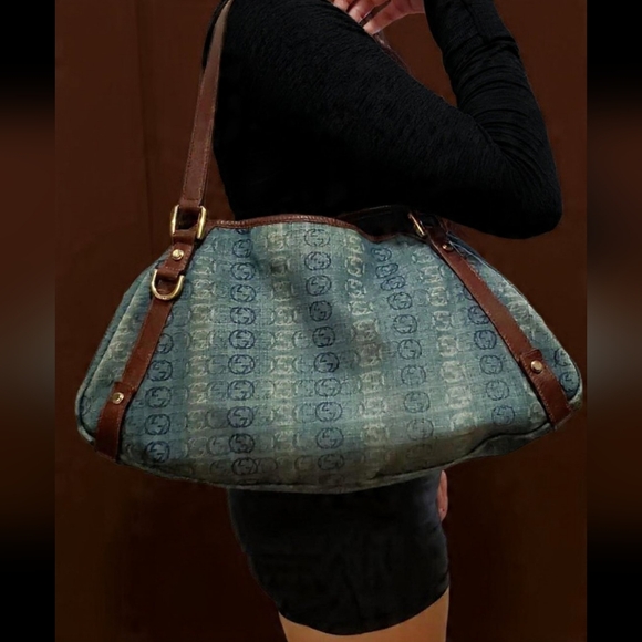 Authentic Gucci Blue Monogram Denim Shoulder Bag with Brown Leather Straps RARE! - Picture 2 of 16